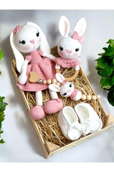 EL SANATLARI Örgü Tavşan Emzik Zinciri Çıngırak Ve Patik 4lü Set