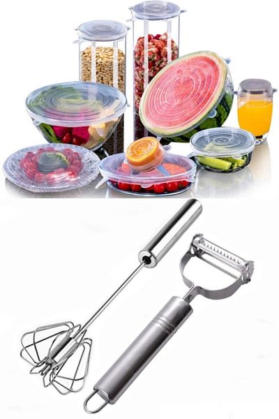 Ax Axentia Silicone Stretch Cover 6 Pieces + Automatic Push Beater and Julienne Vegetable Fruit Peeler
