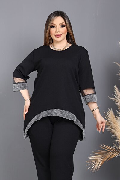 HÜLYA BUTİK ΓΥΝΑΙΚΕΙΑ ΜΑΥΡΗ ΦΟΥΣΤΑ ΚΑΙ ΜΠΛΟΥΖΑ ΜΕ Ασημί ΡΙΓΕ ΜΑΝΙΚΙΑ ΜΕ ΤΟΥΛΙ Λεπτομέρεια