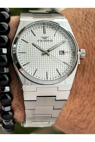 FERRO White Dial Brand Silver Color Waterproof Guaranteed Men's Wristwatch Bracelet Rosary