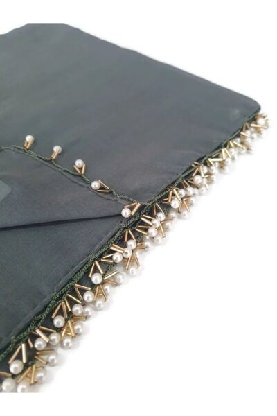 ALLURİNG Pearl Beaded Gold Hand Embroidered Scarf Writing 100x100cm