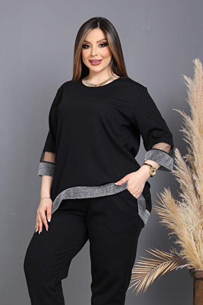 HÜLYA BUTİK ΓΥΝΑΙΚΕΙΑ ΜΑΥΡΗ ΦΟΥΣΤΑ ΚΑΙ ΜΠΛΟΥΖΑ ΜΕ Ασημί ΡΙΓΕ ΜΑΝΙΚΙΑ ΜΕ ΤΟΥΛΙ Λεπτομέρεια