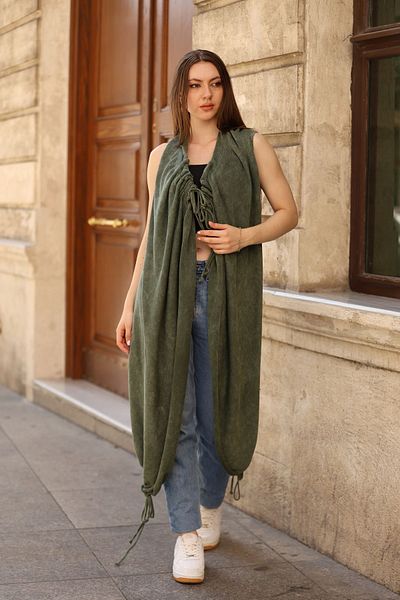 AYASOFYA OTANTIK Khaki Women's Knitwear Vest - Optional Collar and Skirt, Drawstring Detail, Loose Cotton