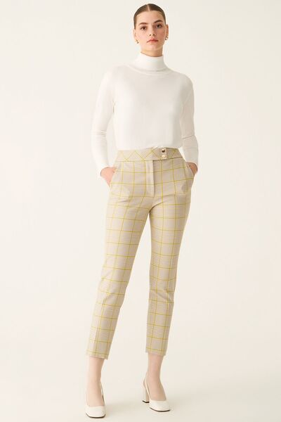 Perspective Jania Regular Fit Ankle Length Plaid Patterned Mid Waist Mink Pistachio Green Color Women's Pants