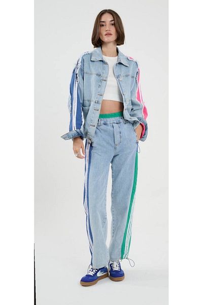 Calisa Jachetă de blugi și costum de blugi pentru femei cu detaliu de dungi colorate - Jogger din denim
