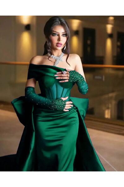 Gold Dresses فستان سهرة من الساتان - تفاصيل مطرزة وذيل، ABY 241609