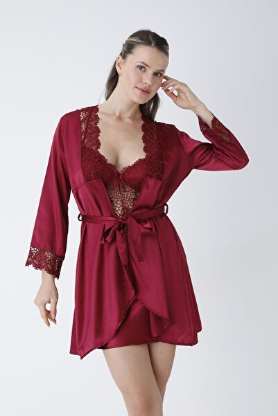 KARLİNAX Bordo Gecelik Sabahlık Takım