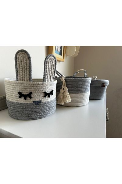 Patiska Tasarım Rabbit Patterned 3-Piece Basket - Jute Handmade, Kids/Baby Room Organizer (Wall Decoration Gift)