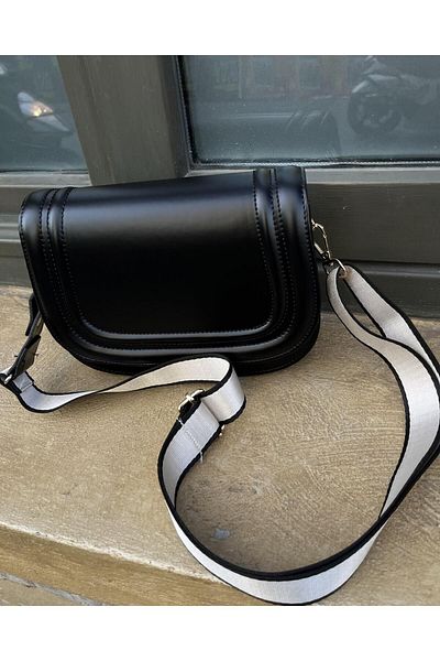 Tina Patent Leather Bag with Canvas Strap Black