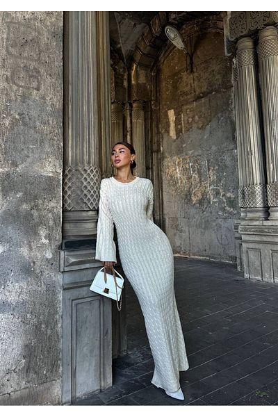 Askı Nişantaşı White Braided Ecru Knitwear Dress - Crew Neck 101-01382