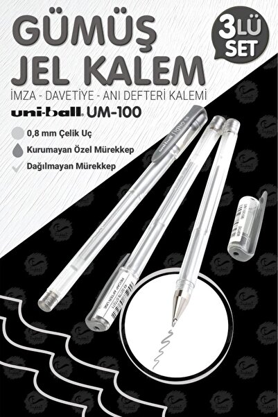 t tuğset etiket Uni-Ball Um-100 Signo Fine Roller Kalem GÜMÜŞ 3 Adet 0.8 mm D...