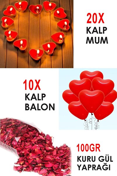 ferah feza Romantik Özel Gün Seti: 20 Kalpli Mum, 10 Kalp Balon, 100Gr Yaprak...