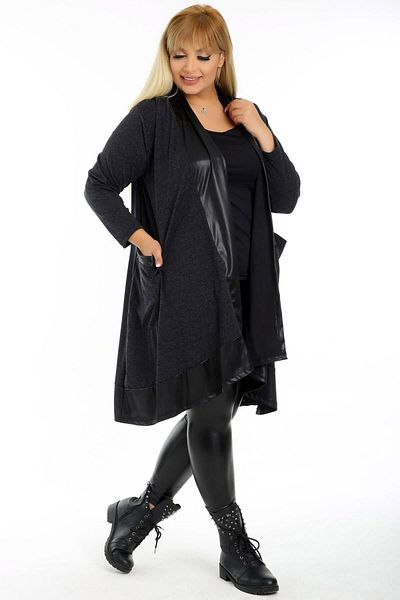 Kheos Special Design Cape Style Leather Detailed Flexible Flowy Long Cardigan