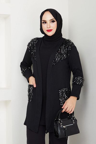 CNG MODA Sequined Plus Size Hijab Cardigan