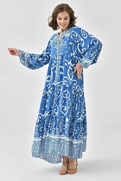 bacc Világoskék bíró gallér mintás Viscon Hidzsáb ruha - félig gombos, hosszú Bc241150