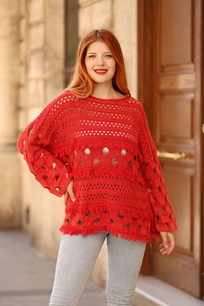 AYASOFYA OTANTIK Red Oversize Cotton Knitwear Blouse - Round Neck and Loose Vintage