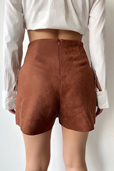 bacc Women's Tan Zipper Detailed Suede Shorts Skirt Bc 231014
