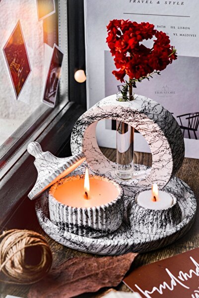 ersu store 5 Parça Mermer Desen Dekoratif Beton Vazo Ve Vanilya Kokulu Soya W...