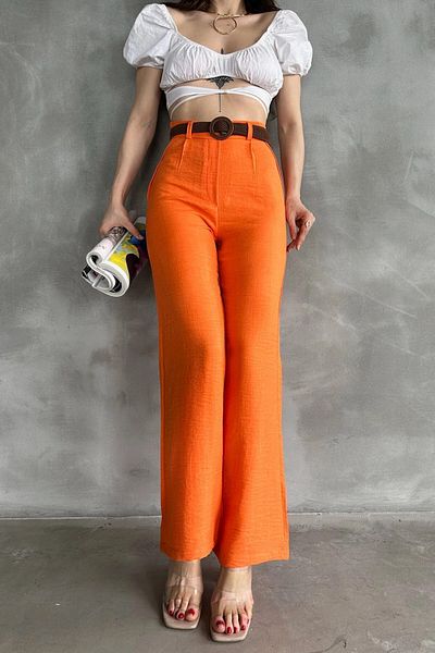 bacc Women's Orange Belted Linen Trousers Bcdf- 241103