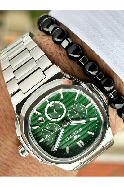 FERRO Men's Silver Colored Green Dial Steel Corded Functional Bracelet Rosary