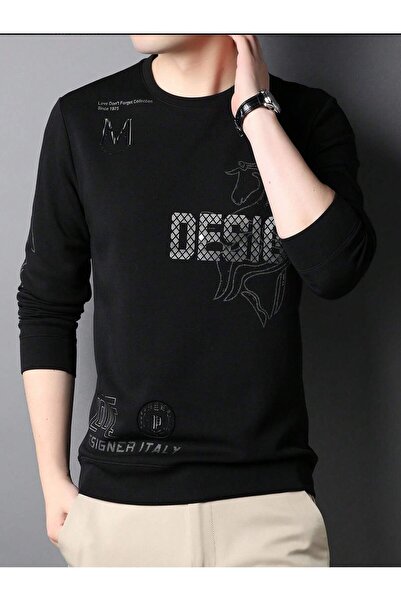 FECCY Hanorac oversize unisex, negru, casual, cu gât crewneck, cu text imprimat