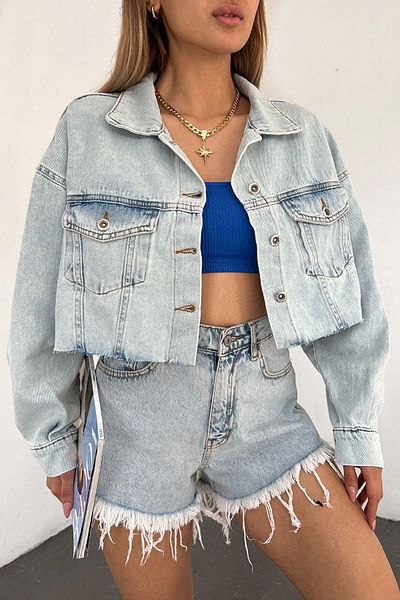bacc Women's Anthracite Double Pocket Laser Cut Washed Crop Denim Jacket Bcdf- 235408
