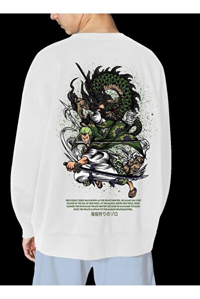 FECCY Unisex Λευκό φούτερ με στάμπα Zoro χωρίς κουκούλα, Oversize