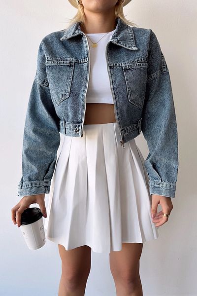 bacc Jachetă de damă din denim crop albastru - Buzunare duble și fermoar Bcdf- 235410