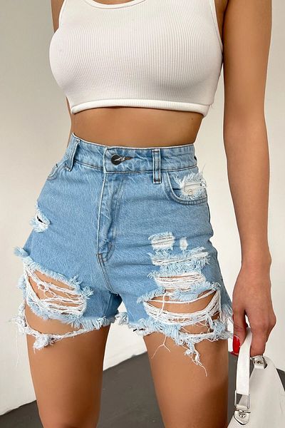 bacc Mini pantaloni scurți din denim, albastru gheață, spălați cu laser, Bcdf- 233301