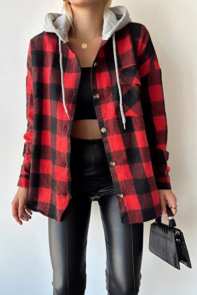 bacc Kadın Kırmızı Kapüşonlu Ekose Desenli Oversize Kaşe Gömlek Bcpk-236004