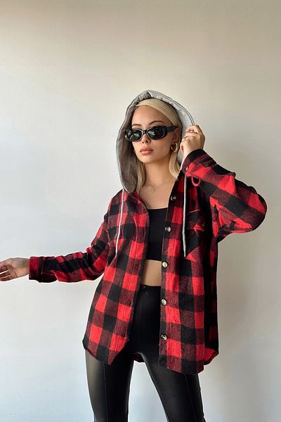 bacc Women's Red Hooded Plaid Patterned Oversize Stitching Shirt Bcpk- 236004
