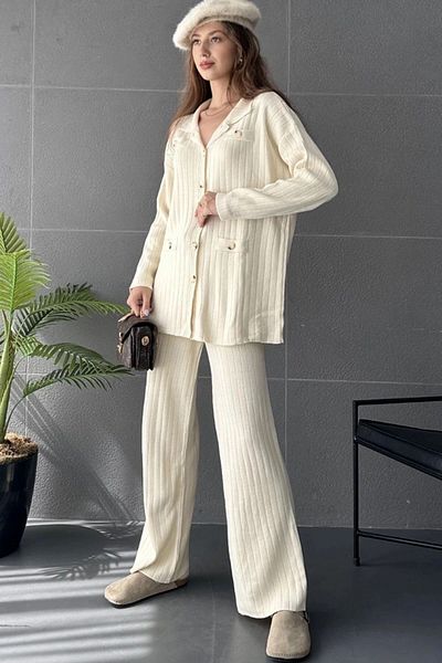 bacc Women's Cream Button Detailed Ribbed 2-Piece Knitwear Set Bc24A2017