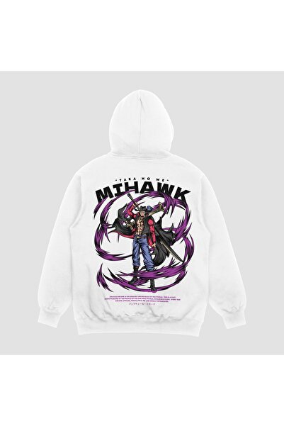FECCY Hanorac unisex alb cu imprimeu Mihawk, supradimensionat, cu glugă