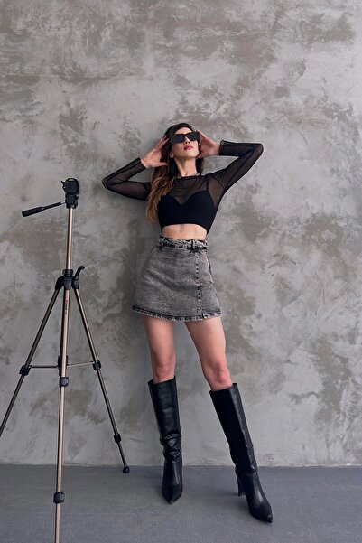 bacc Women's Anthracite Slit Detailed Denim Shorts Skirt Bcdf- 243309