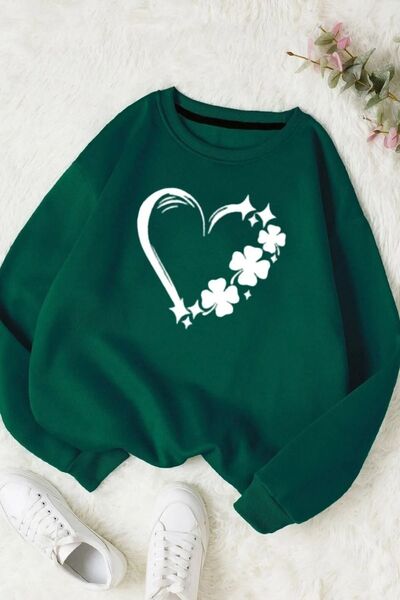 FECCY Hanorac oversize unisex cu imprimeu floral digital verde - Decolteu tip...