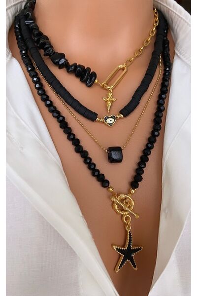 Trend Jewellery ( 4 Kolye ) Doğal Taş Kadın Siyah Oniks Çelik Zincir Altın Kaplama Melek Yıldız Özel Kadın Kolye