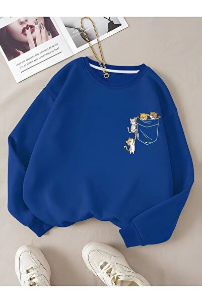 FECCY Kadın Saks Mavisi Kedi Baskılı Pamuklu Bisiklet Yaka Sweatshirt