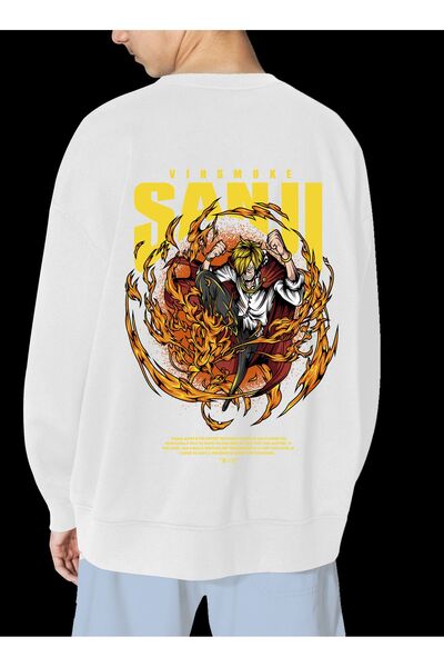 FECCY Hanorac unisex alb cu imprimeu Sanji, supradimensionat, fără glugă