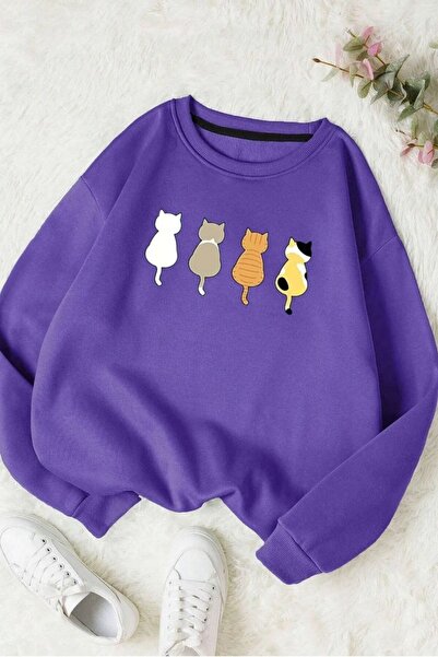 FECCY Hanorac oversize din bumbac unisex violet cu imprimeu Angry Cat