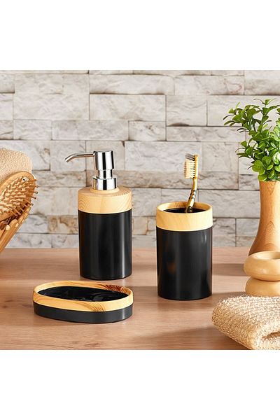 bersachef Limpia Bamboo Pattern Σετ 3 τεμαχίων Σετ μπάνιου Δοχείο υγρού σαπουνιού Δοχείο υγρού σαπουνιού Στερεό δοχείο σαπουνιού Μαύρο