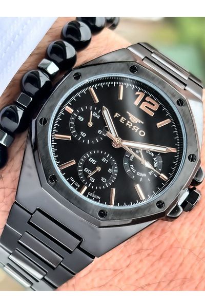 FERRO New Collection - Black Men's Wristwatch, Function Bracelet Rosary
