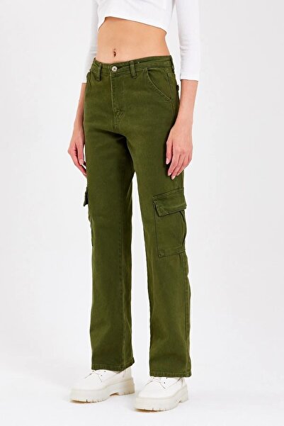 DRC trend Lunas Khaki Cargo Loose Back Pocketless Lycra Super High Waist Jean Trousers