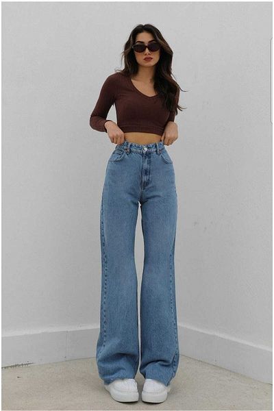 DRC trend Pantaloni largi din lycra albastru cu talie super inalta