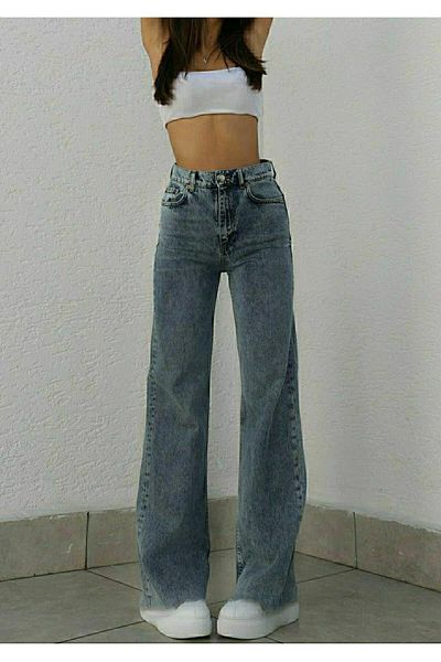 DRC trend Pantaloni largi Jessi 90's Blue Lycra cu talie super înaltă