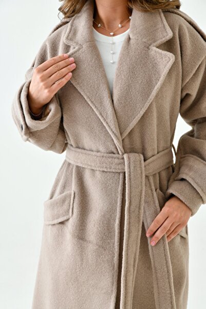 bayansepeti Dvouřadý střih midi norkový kabát - dlouhý rukáv, detail pásku, podšívka 9002