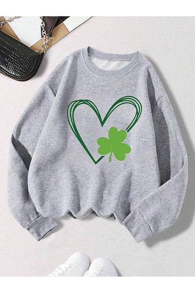 Mythologie Γκρι Oversize Heart Clover Φούτερ - Crew Neck