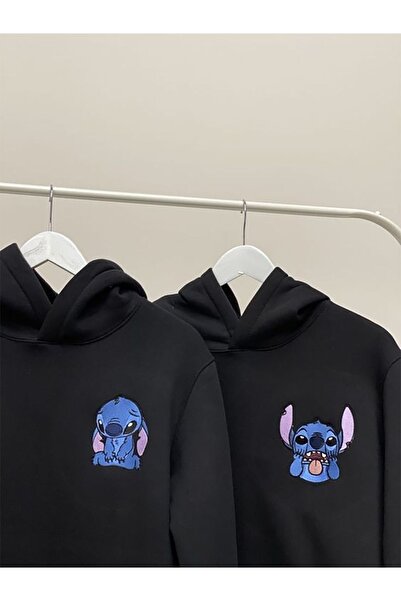 Trendglow Stitch Lilo - Hanorac cu glugă supradimensionat cu imprimeu negru pentru cuplu îndrăgostit