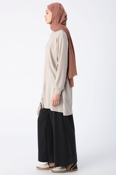 ALLDAY Stone Gathered Tie Detailed Crew Neck Tunic