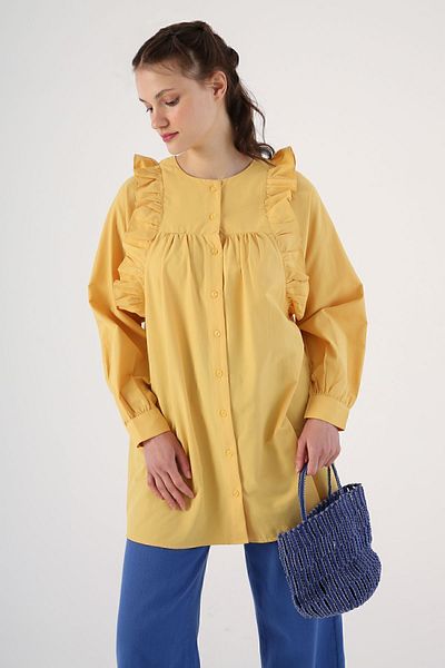 ALLDAY Yellow Ruffle Detailed Cotton Crew Neck Shirt Tunic