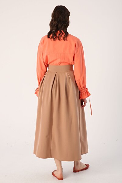 ALLDAY Camel Rahat Kalıp Pileli Fermuarlı Etek